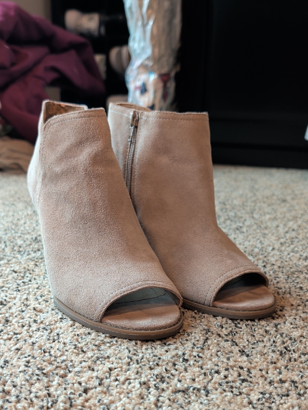 Lucky Brand Taupe Suede Open-Toe Wedge Ankle Booties